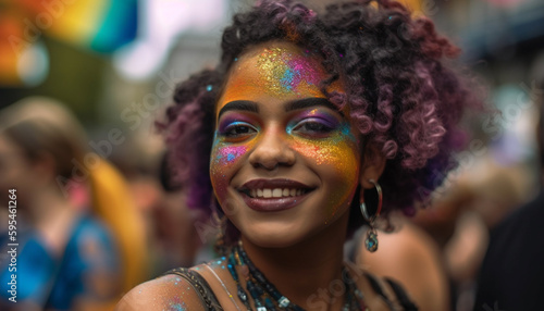 Smiling women in colorful face paint dance joyfully generated by AI © Jeronimo Ramos