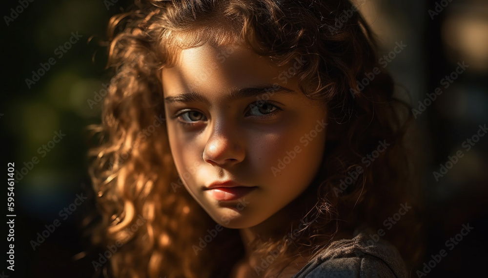 Young woman with curly brown hair smiling outdoors generated by AI Young woman with curly brown hair smiling outdoors generated by AI
