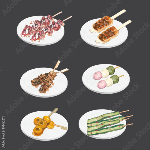 Set of various types of satay. Hand drawn watercolor vector illustration