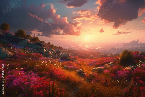 Gorgeous anime-style art of a flower-filled fantasy landscape with a stunning sky. Created with digital painting techniques. Generative AI © Danilo