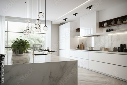 Upscale white kitchen with modern design. Generative AI