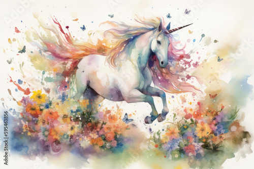 Bring to life the beauty of nature in a watercolor artwork featuring a unicorn playfully prancing through a meadow filled with colorful, Generative Ai