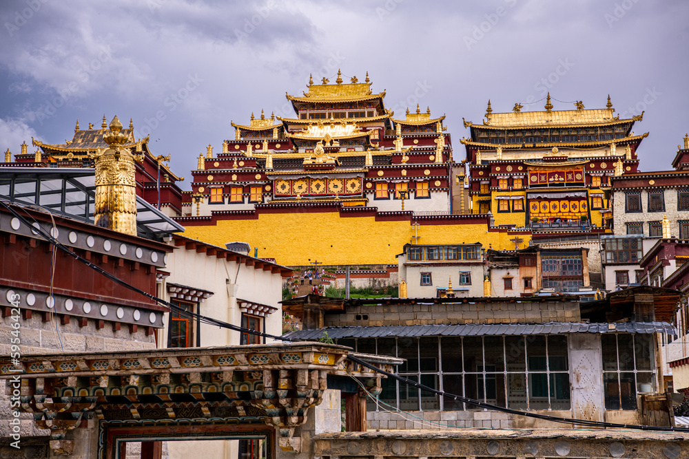 front of the Songzanlin monastery, also known as Ganden Sumtseling Gompa in Zhongdian, Shangri La, Yunnan province, China.