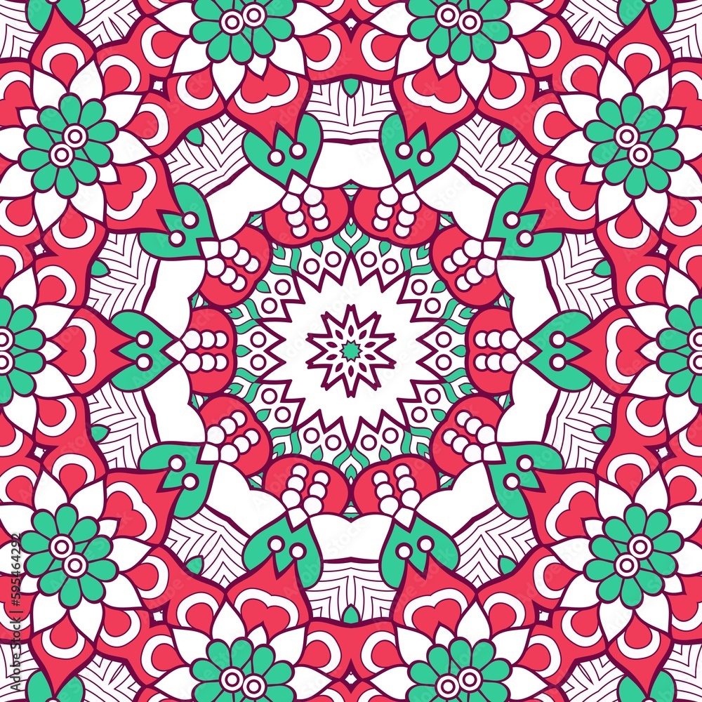 Abstract Pattern Mandala Flowers Plant Art Colorful Red Green 166