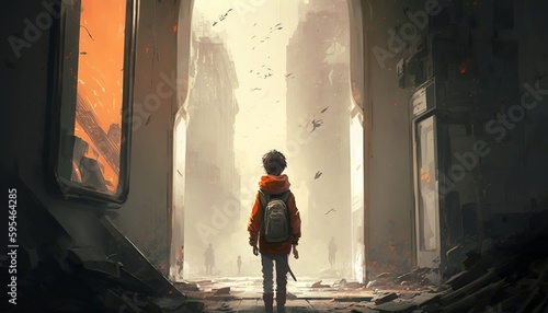 protagonist experiences a crisis that makes them question flying debris all around distopia world generative ai design illustration