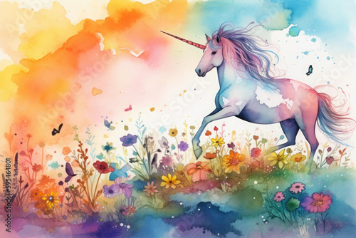 Draw a magical watercolor scene of a unicorn leaping over a rainbow in a field of wildflowers and surrounded by fluttering, Generative Ai