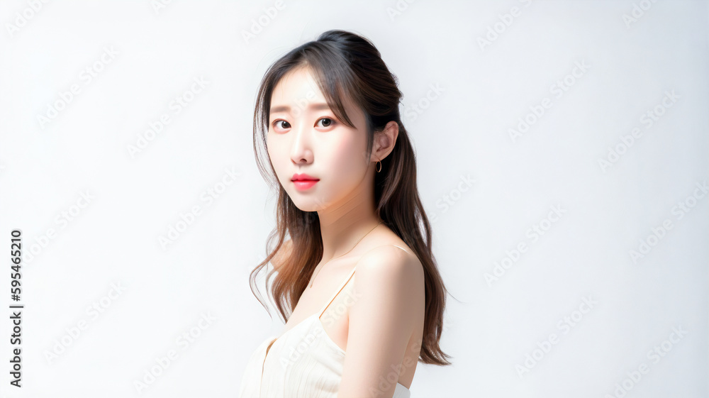 Beautiful Asian Woman, Close up on her face with Smooth skin look at the camera on a White background in Studio light. Japanese or Chinese or Korean or Taiwanese. Like wedding photo. generative AI Beautiful Asian Woman, Close up on her face with Smooth skin look at the camera on a White background in Studio light. Japanese or Chinese or Korean or Taiwanese. Like wedding photo. generative AI