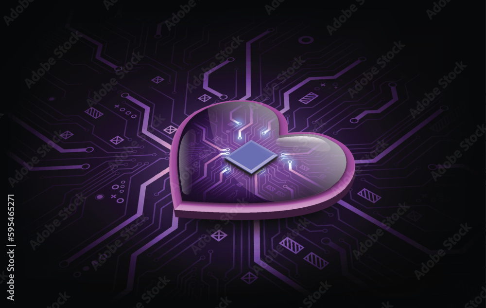 Digital heart glows in a futuristic style. 3d model with a board ...