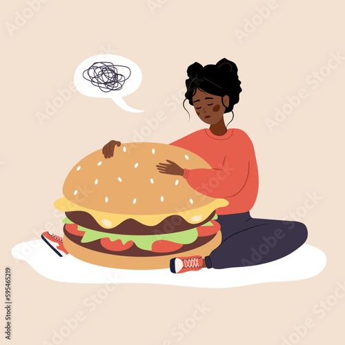 Eating disorder. Sad african woman hugging huge hamburger and worries about being overweight. Overeating, bulimia, anorexia. Food addiction concept. Vector illustration in flat cartoon style.