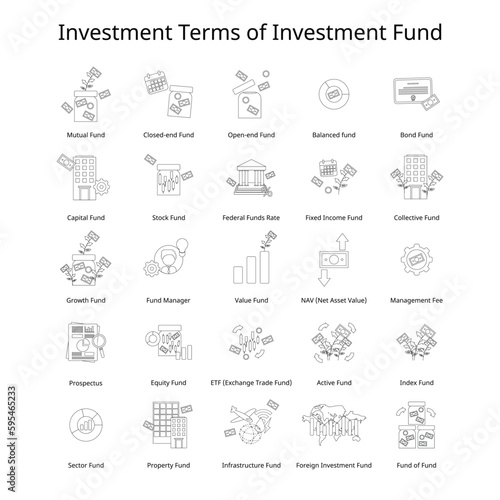 investment terms and vocabulary of different type of investment fund black and white line icon