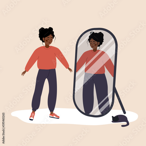 Eating disorder. Slim african woman looking herself fat in mirror and feel insecure human. Rejection of yourself. Bulimia or anorexia. Girl with mental problems. Vector illustration in cartoon style.