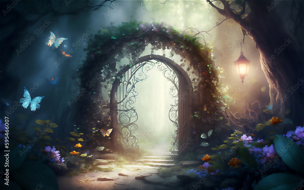 Fantasy enchanted fairy tale forest with magical secret door. Digital illustration, Generated AI