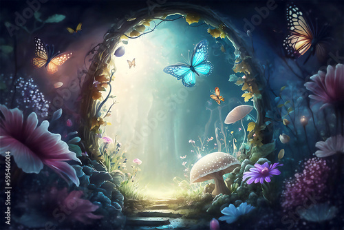 Fantasy enchanted fairy tale forest with magical secret door. Digital illustration, Generated AI © bit24