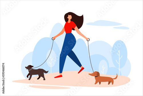 Girl walks with her dogs on a leash. Pet lovers, walking with puppies in park, teaching dogs to perform commands, adopting animals from shelter. Dog day. Vector illustration in flat style