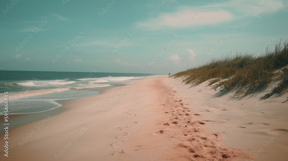 Coastal Pastel Beach with Sand and Waves in Cotton Candy Aesthetic, Peaceful Surreal Pink and Blue Hues - Generative AI