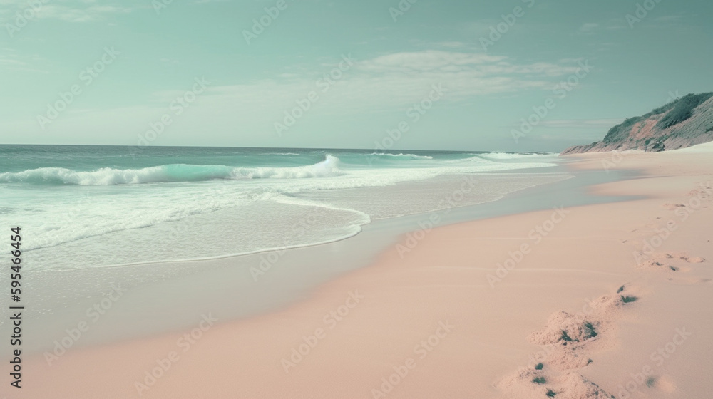 Obraz premium Coastal Pastel Beach with Sand and Waves in Cotton Candy Aesthetic, Peaceful Surreal Pink and Blue Hues - Generative AI