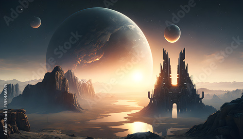 A castle with a planet in the background