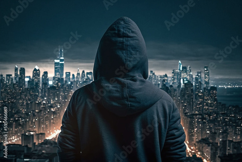 A man in a hoodie looks at a city skyline at night.
