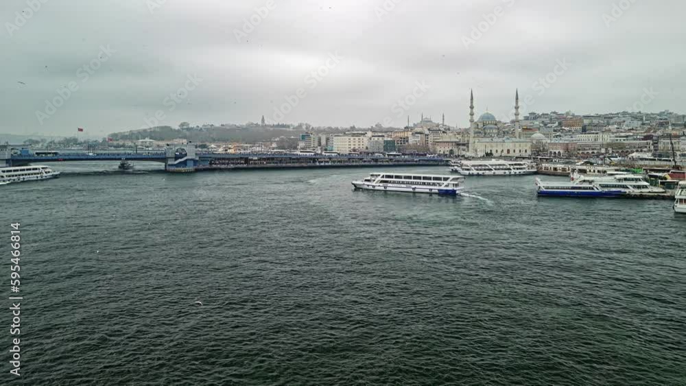Time-lapse of the Eminonu ferry terminal and Galata Bridge water transportation Time-lapse of the Eminonu ferry terminal and Galata Bridge water transportation