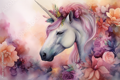 Paint a dreamy watercolor portrait of a unicorn standing among a bed of pink and purple peonies, with a rainbow in the background and a butterfly hovering nearby photo