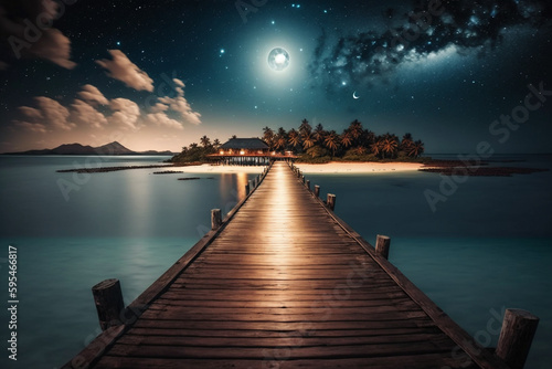 A pier in the night with the moon in the sky