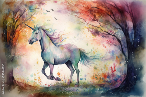 Create a mystical watercolor painting of a unicorn trotting through a forest of flowering trees, with a rainbow arching over the treetops and a butterfly following along