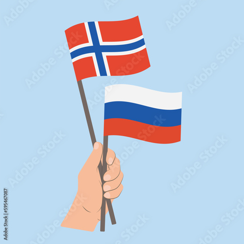 Flags of Norway and Russia, Hand Holding flags