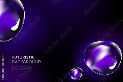 Futuristic purple fluid dynamic abstract drops floating in dark background with copy space