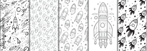 Rocket seamless pattern silhouette background. Black and white spaced white rocket symbols of different sizes and opacity line art background.Texture Spaceship rocket pattern set. space doodle pattern