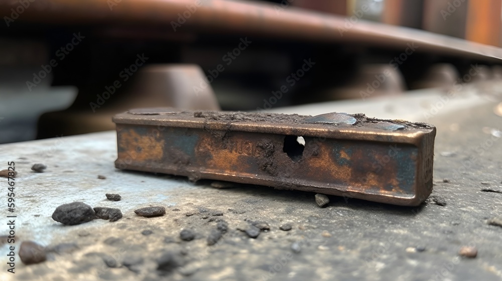 Tiny insignificant piece of rusty metal on a subway platform Tiny insignificant piece of rusty metal on a subway platform