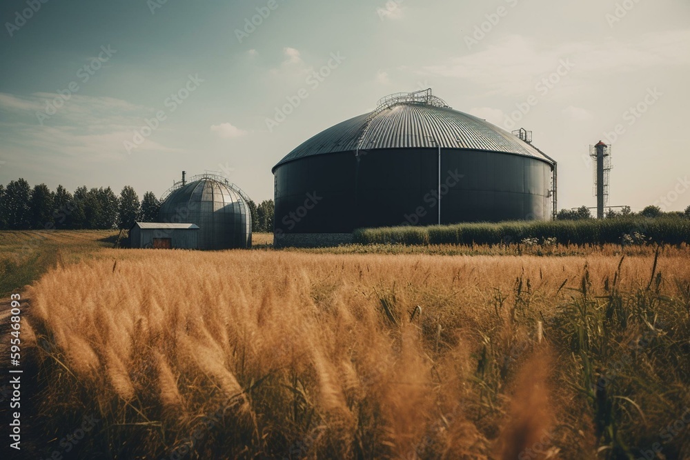 Contemporary biogas plant amidst multiple rural fields. Generative AI