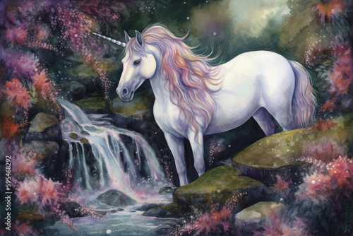 a watercolor painting of a unicorn with a serene expression, as it stands in a bed of purple and pink flowers with a waterfall cascading behind it