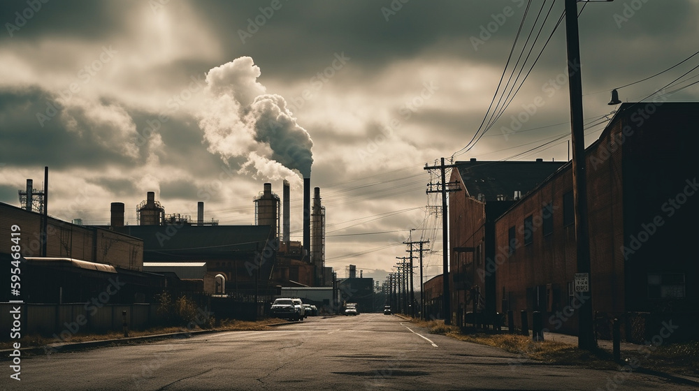 Industrial Smoke Stacks Blowing Pollution into the Atmosphere, Climate Change Concept - Generative AI Industrial Smoke Stacks Blowing Pollution into the Atmosphere, Climate Change Concept - Generative AI
