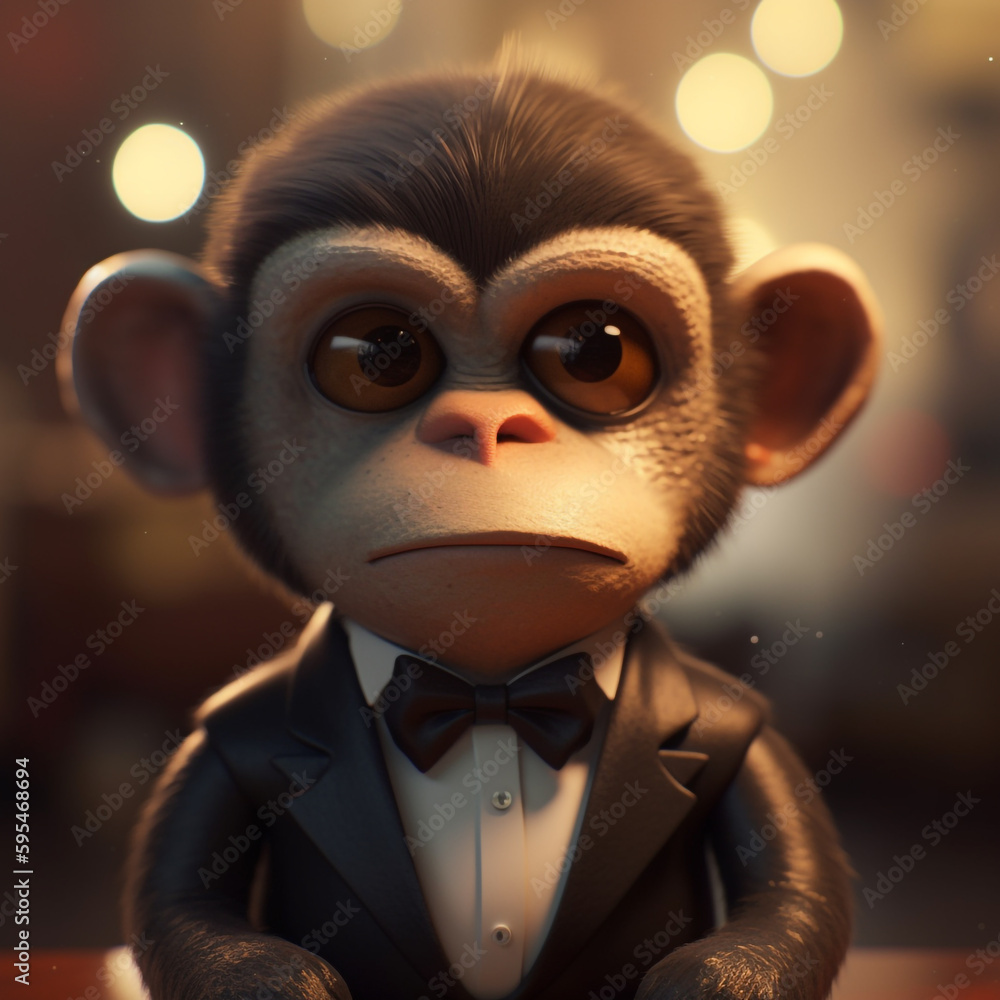 A monkey with a black suit and bow tie sits at a table. A monkey with a black suit and bow tie sits at a table.