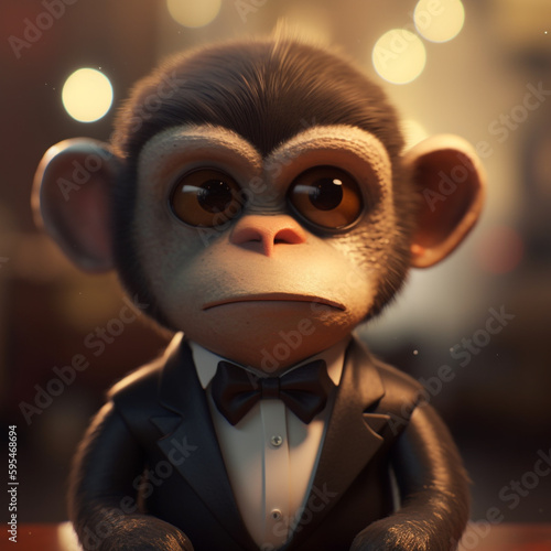 A monkey with a black suit and bow tie sits at a table.