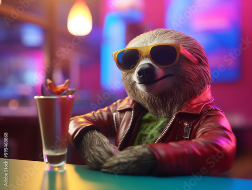 A sloth wearing a leather jacket