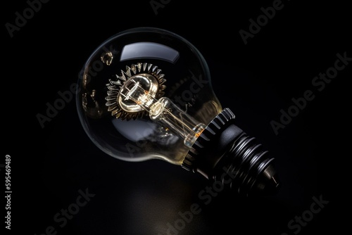 A gear-filled light bulb on black background with a light bulb-shaped gear inside. Generative AI