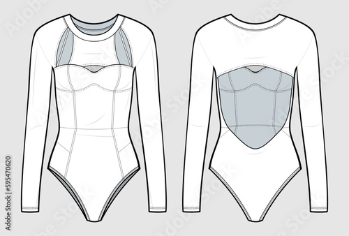 Cut out Bodysuit technical sketch. Round-neck swimsuit with long sleeves. One Piece Swimsuit vector flat template. fashion illustration. front and back view. isolated in white colour. CAD mock-up set.