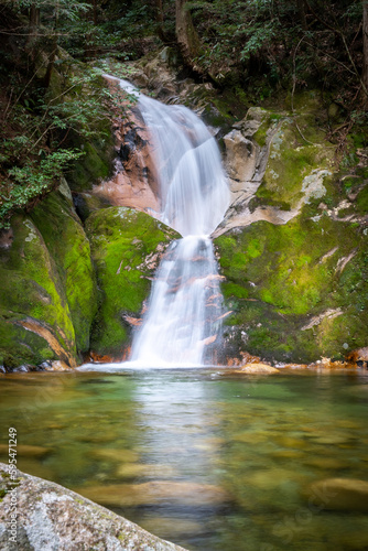 Beautiful and serene waterfall at Jakuchi Gorge  Goryu Falls  7 falls hike in Iwakuni  Yamaguchi prefecture  Japan.