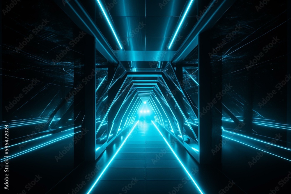 Stage with blue neon against abstract background. Searchlight rays create abstract tunnel and corridor. Generative AI