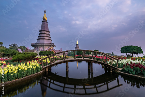 Phra Mahathat monuments on Doi Inthanon in Chiang Mai  Thailand on a cloudy evening