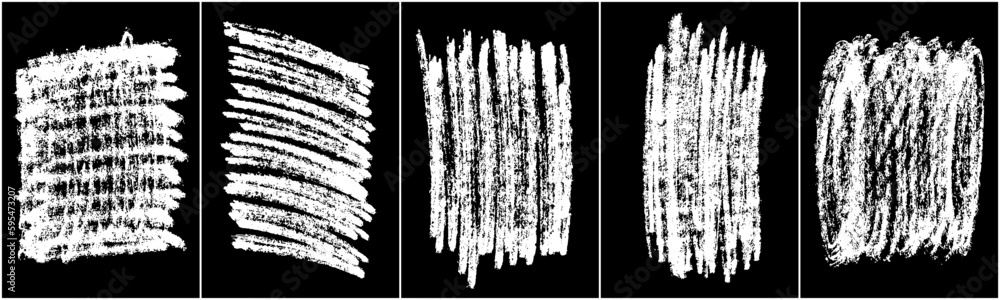 Set of scribble hand drawn in chalk on black background. Shabby white texture. Monochrome stain element. Rusted effect. Digitally generated image. Vector illustration, Eps 10. Set of scribble hand drawn in chalk on black background. Shabby white texture. Monochrome stain element. Rusted effect. Digitally generated image. Vector illustration, Eps 10.