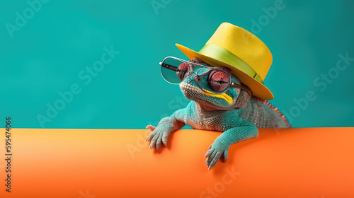chameleon wearing sunglasses and hat, pet influencer concept, blue background with copy space, generative ai illustration