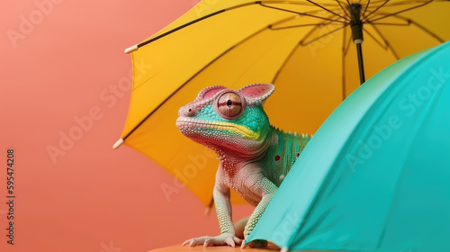 chameleon under an umbrella, pet influencer concept, orange background with copy space, generative ai illustration