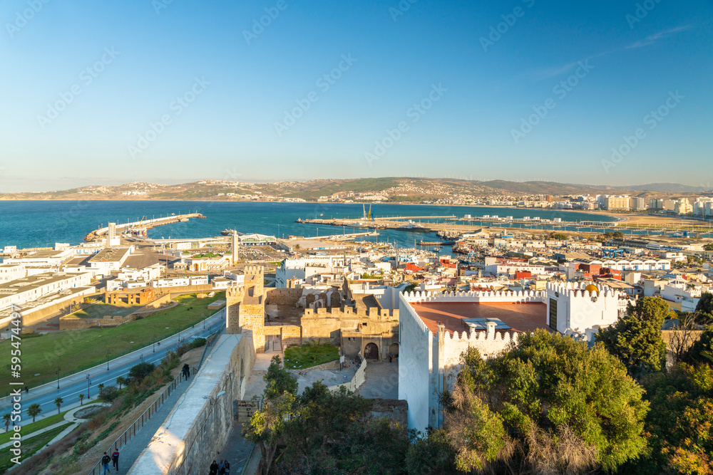 Kasbah in Tangier with the harbor in the background, Tangier, Morocco