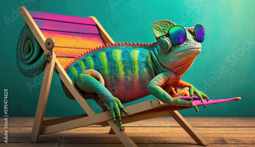 chameleon wearing sunglasses and hat on a chair, pet influencer concept, green background with copy space, generative ai illustration