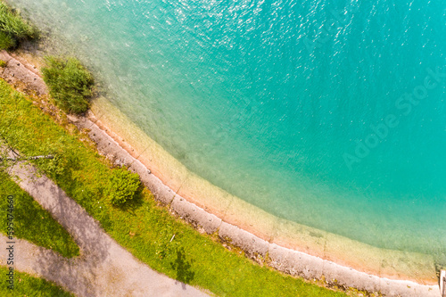 Aerial view of Inseli Lungern on lake Lungern, Switzerland