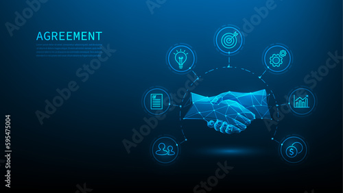 hand agreement contract technology with icon on blue background. handshake business connection low poly wireframe. vector illustration fantastic design.