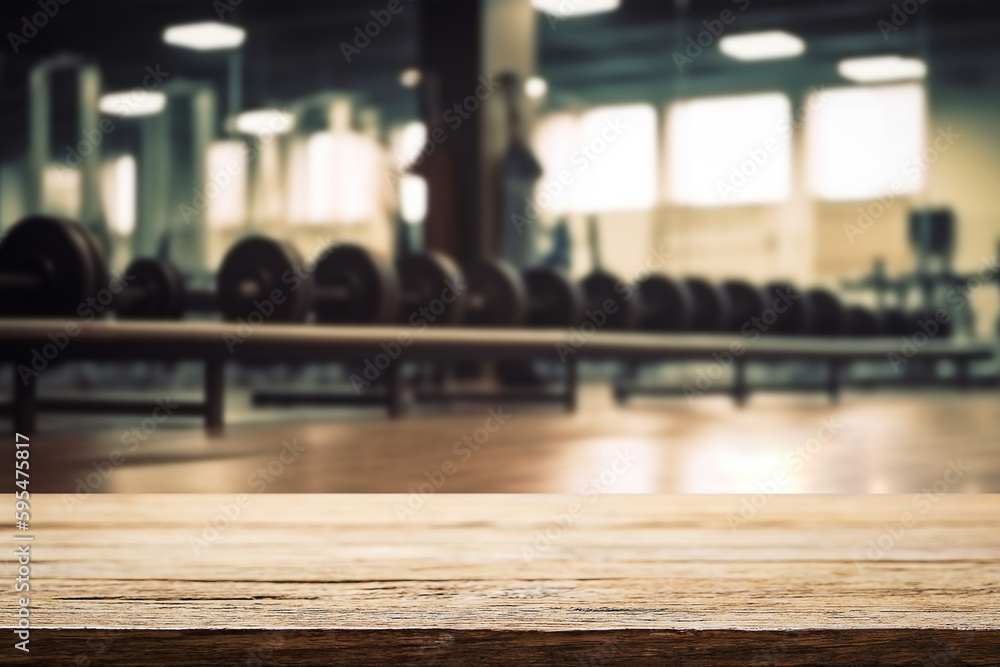 Blurred background of fitness gym and wooden table free space for product display Blurred background of fitness gym and wooden table free space for product display
