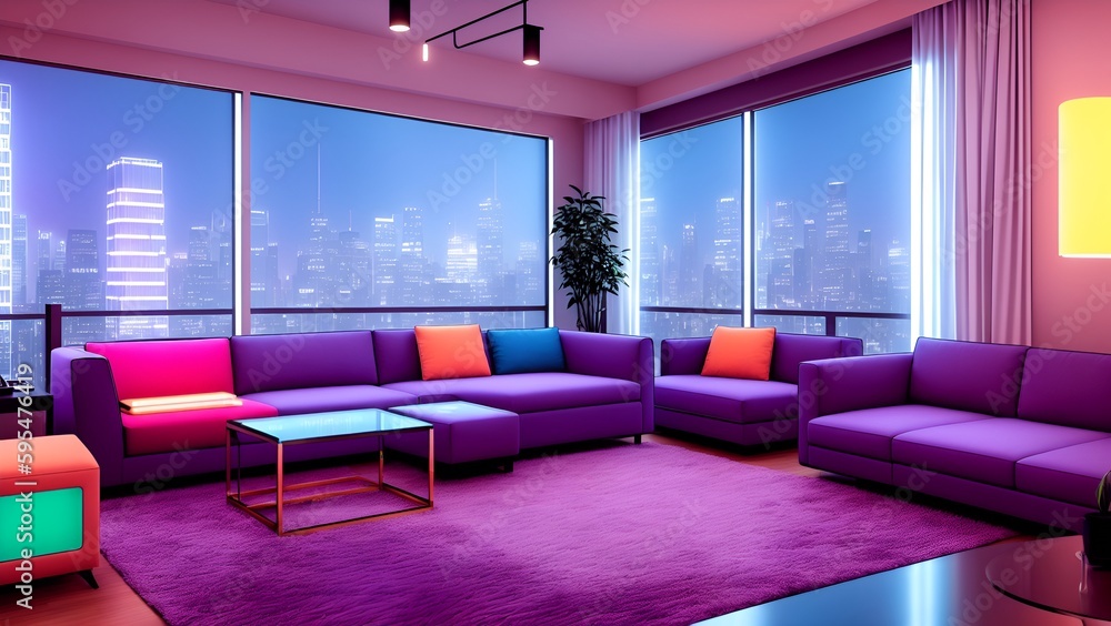 An apartment living room interior in cyberpunk style An apartment living room interior in cyberpunk style